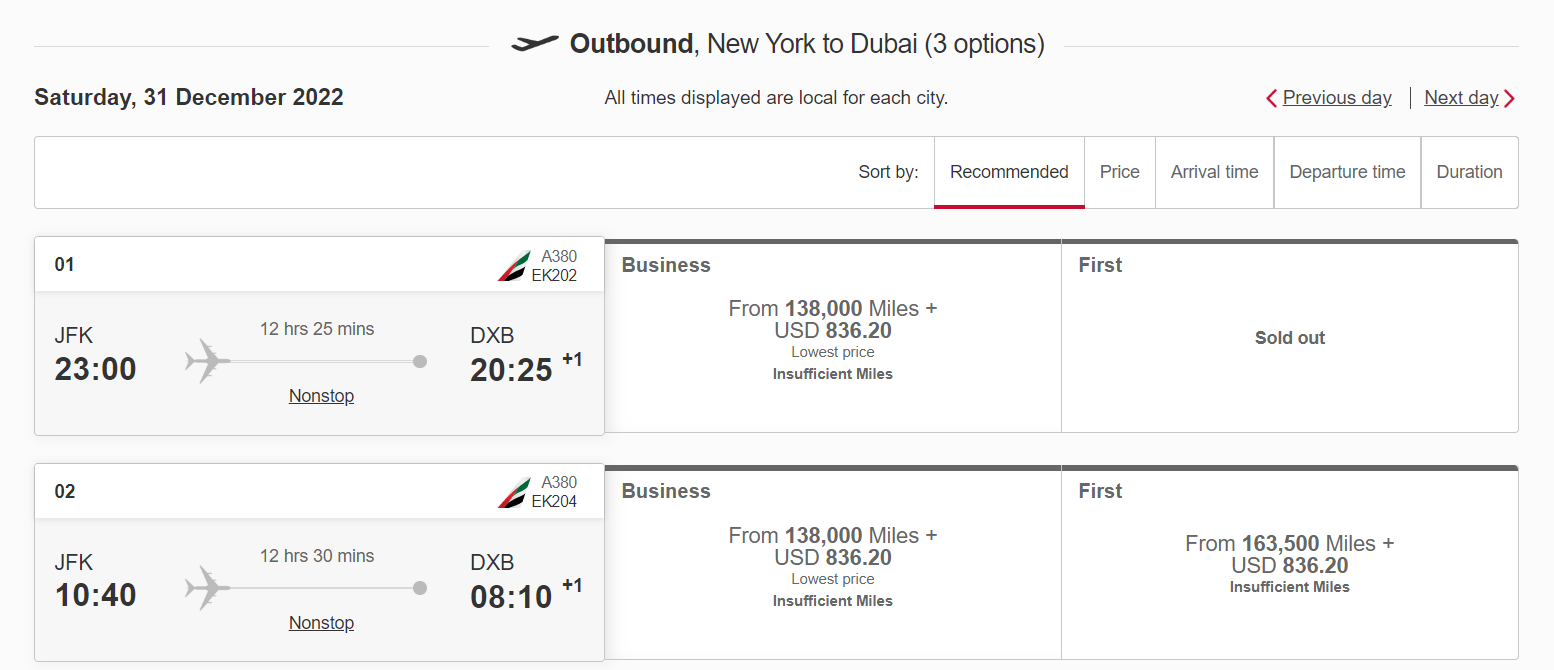 Emirates award rates