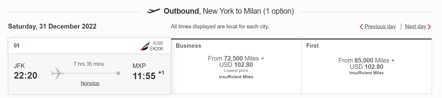 Emirates award rates