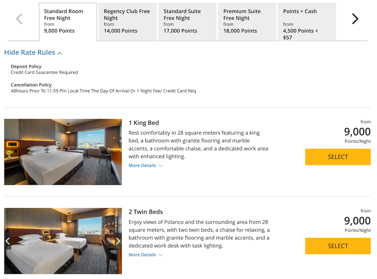 pricing for hotel rooms using Hyatt points