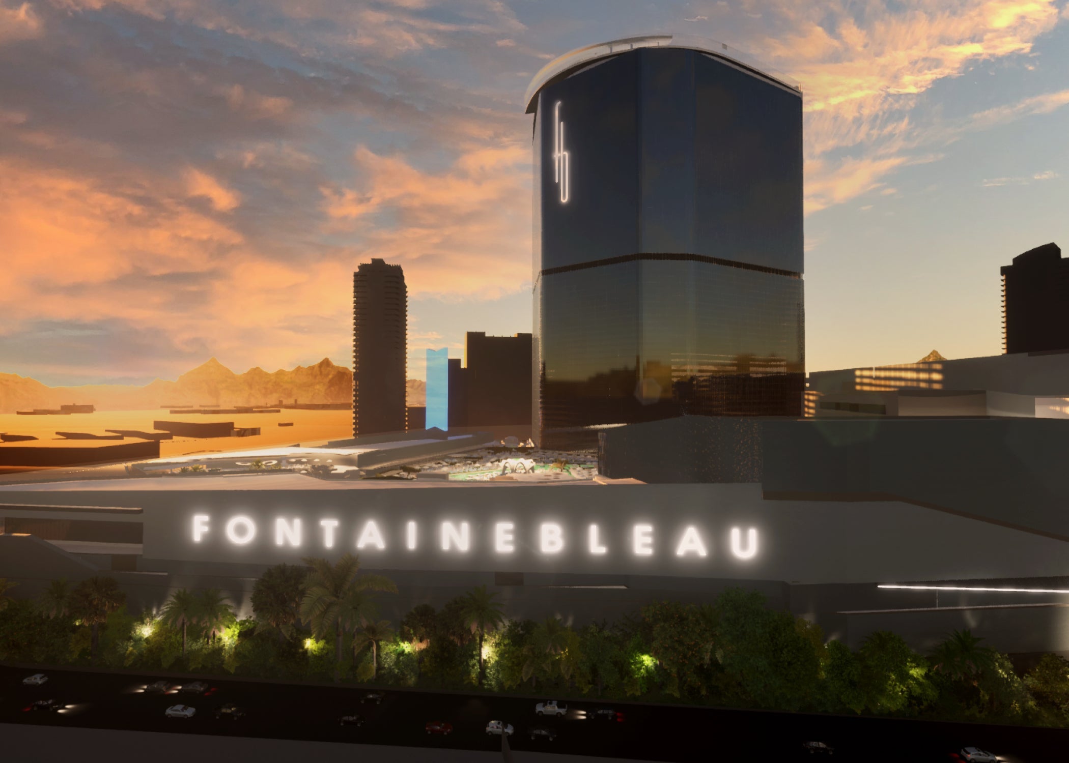 rendering of towering blue building in front of orange and pink clouds at sunset with sign reading "fontainebleau" illuminating at the bottom entrance