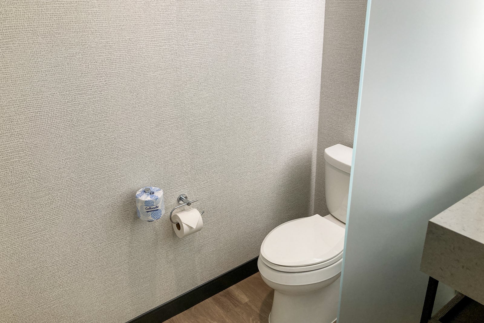 a toilet inside a frosted glass box
