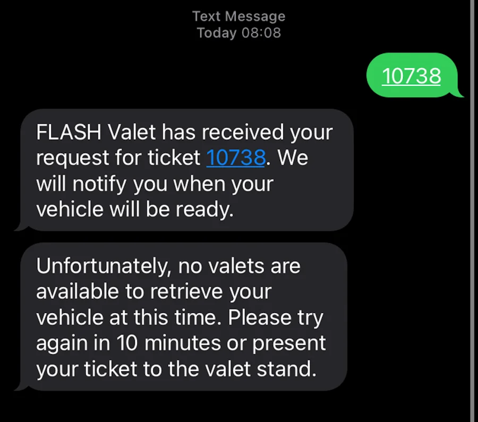 a text message automated system saying a valet request can't be fulfilled