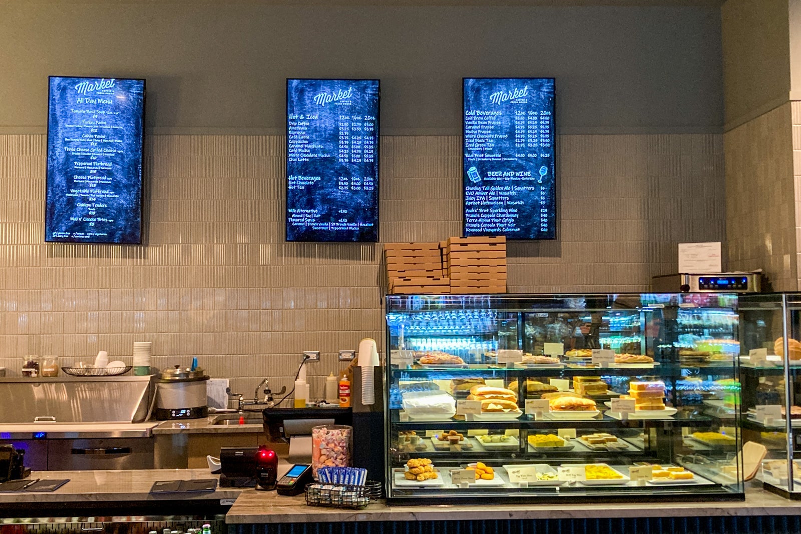 counter space and menu at the marketplace near the lobby