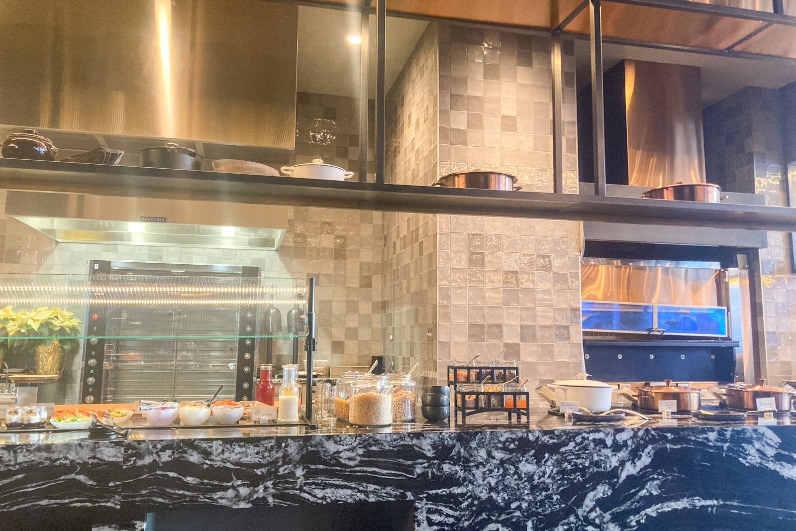 the breakfast buffet in a restaurant