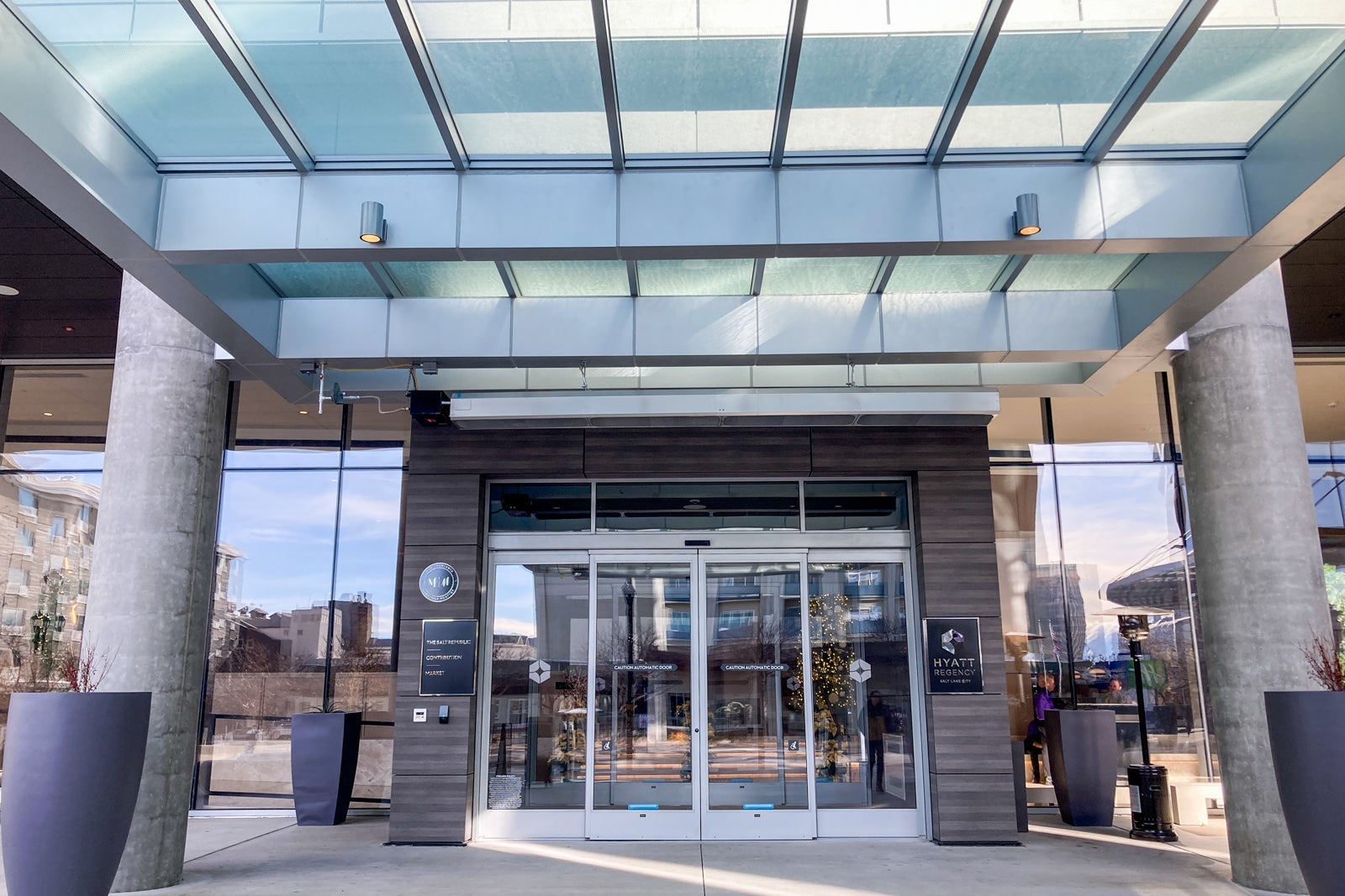 the entrance to a hotel