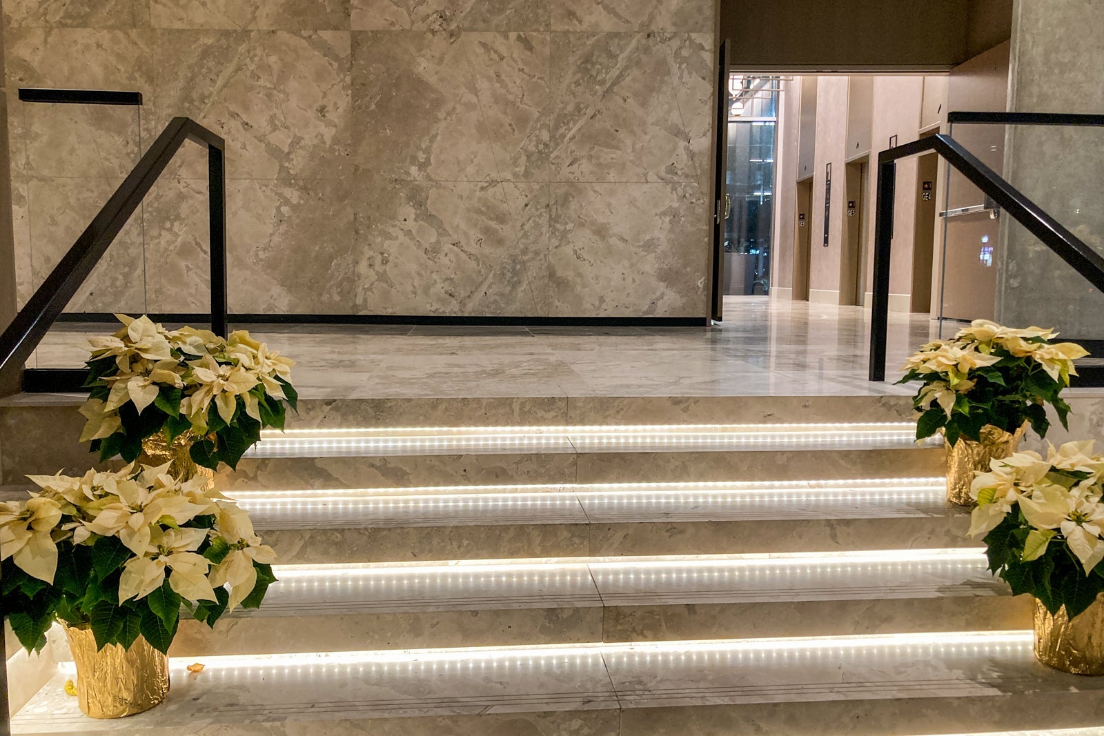 six steps lead up to a set of elevators