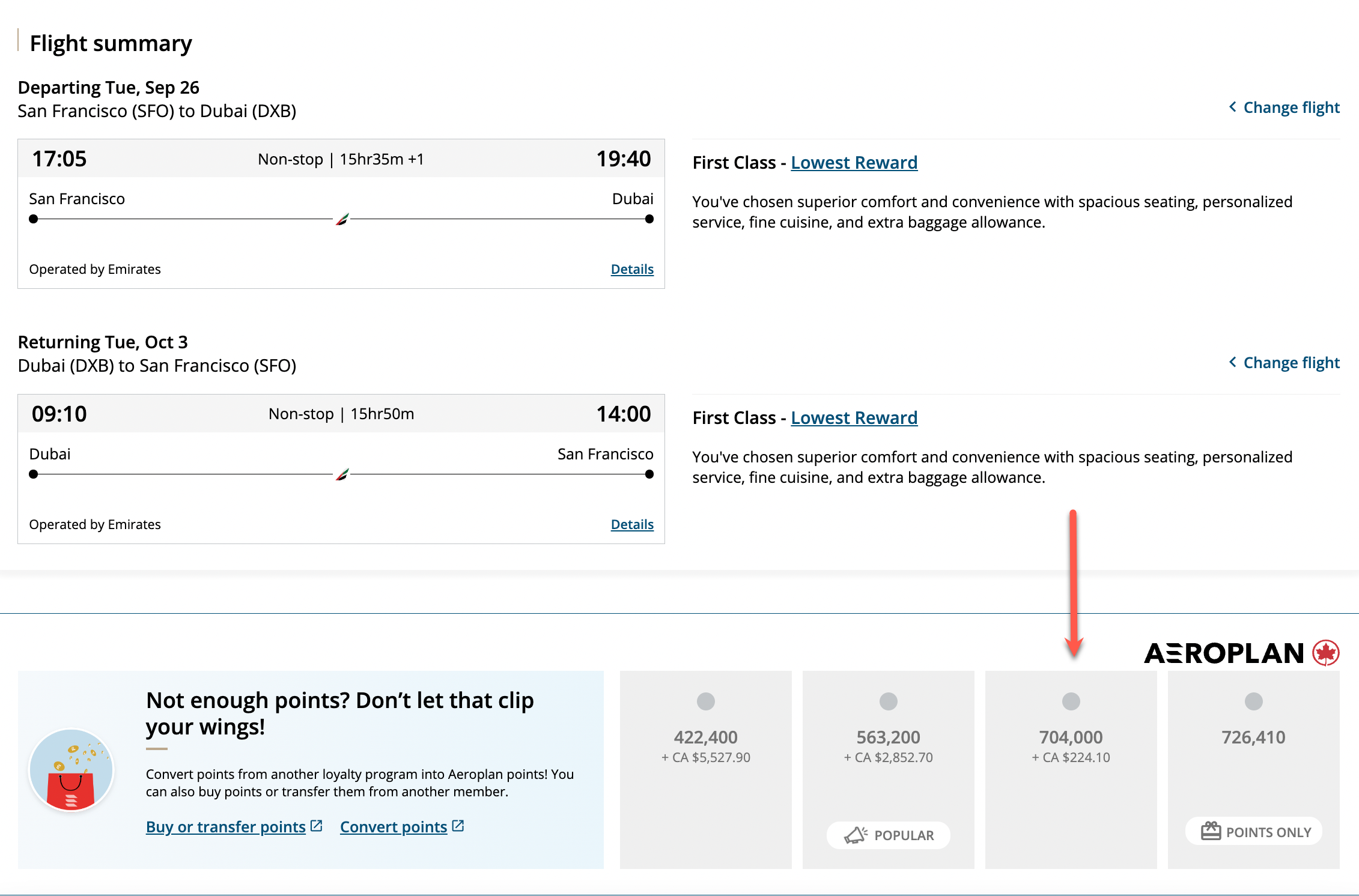 Aeroplan SFO to DXB r/t