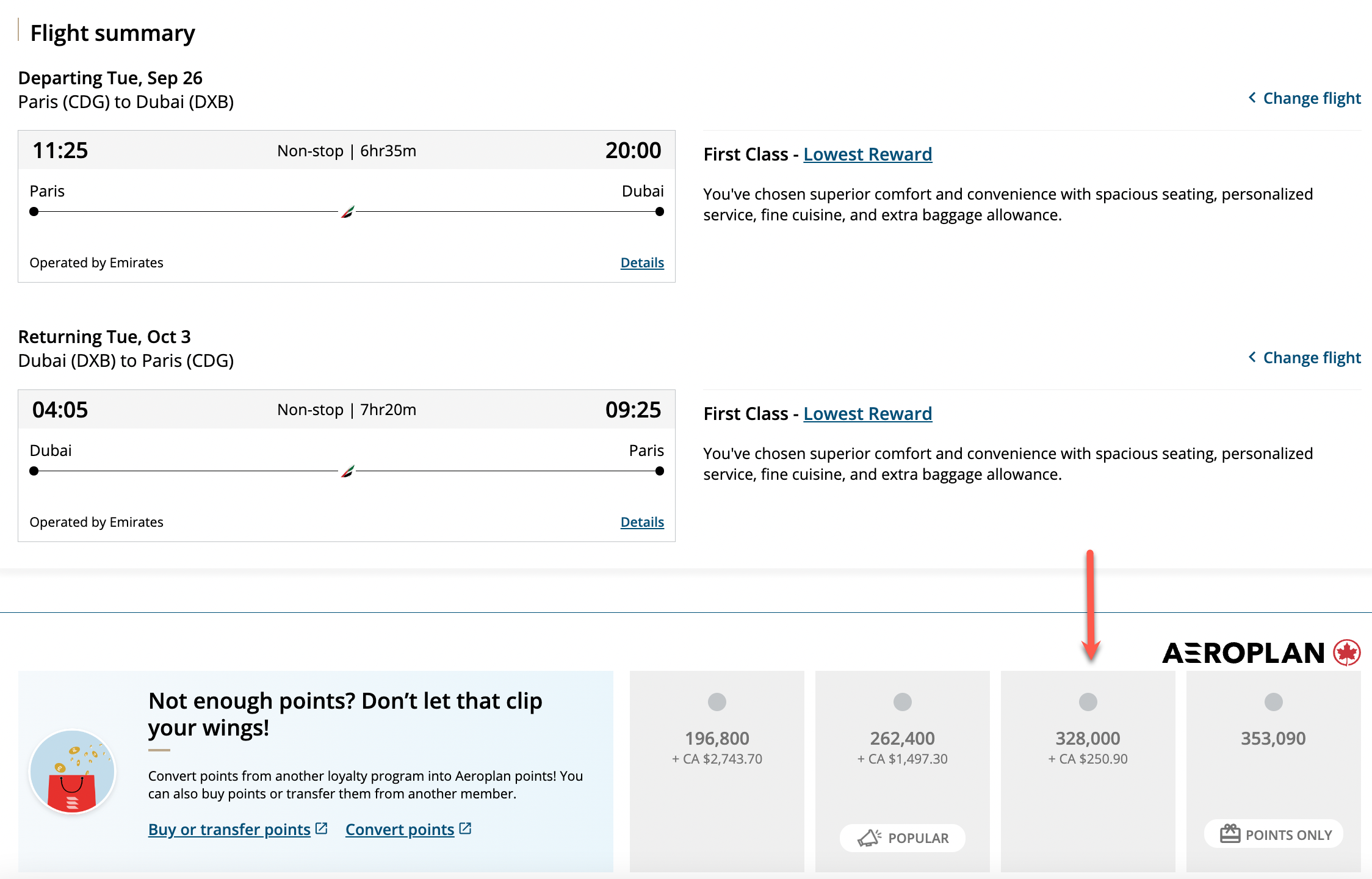 CDG to DXB Aeroplan round-trip