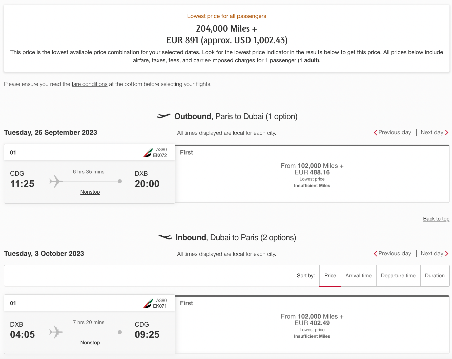 CDG to DXB Skywards