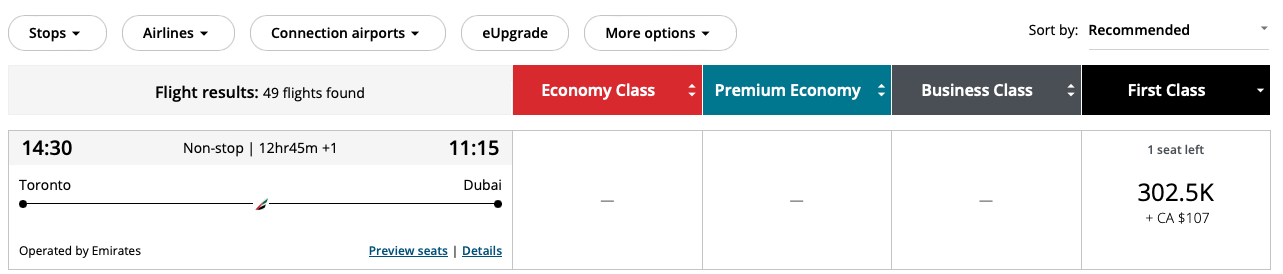 Emirates first class YYZ to DXB