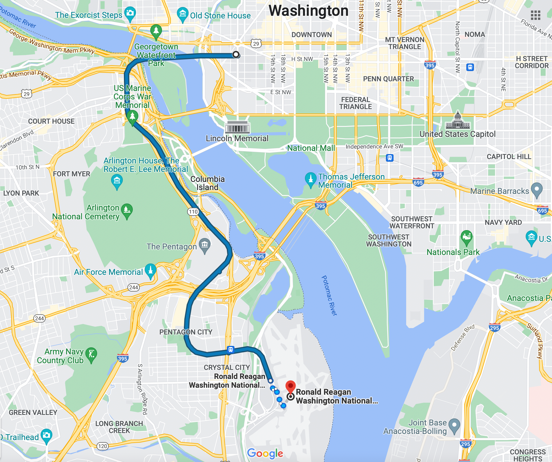 Google Maps from DCA to downtown DC