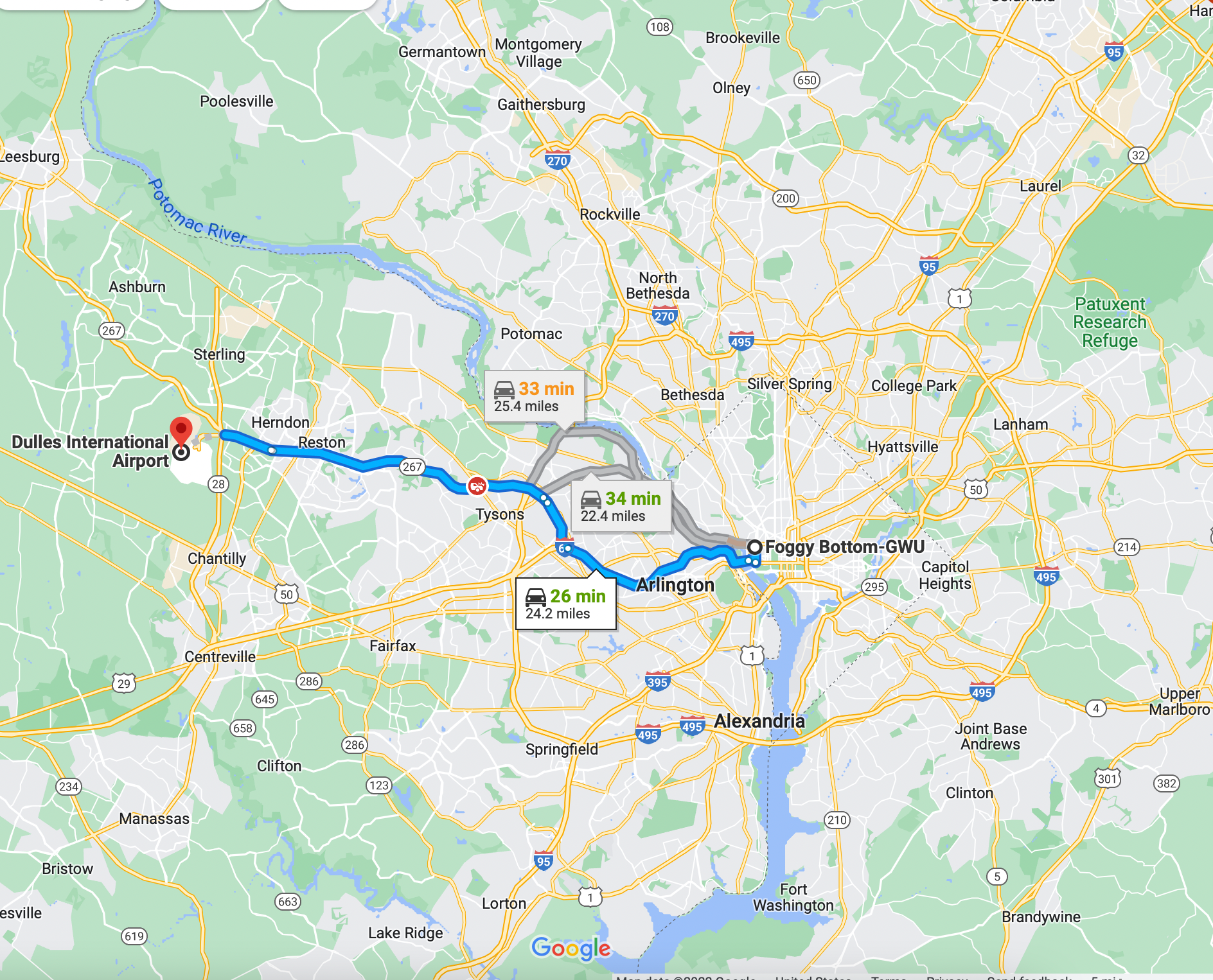 IAD to downtown DC in Google Maps