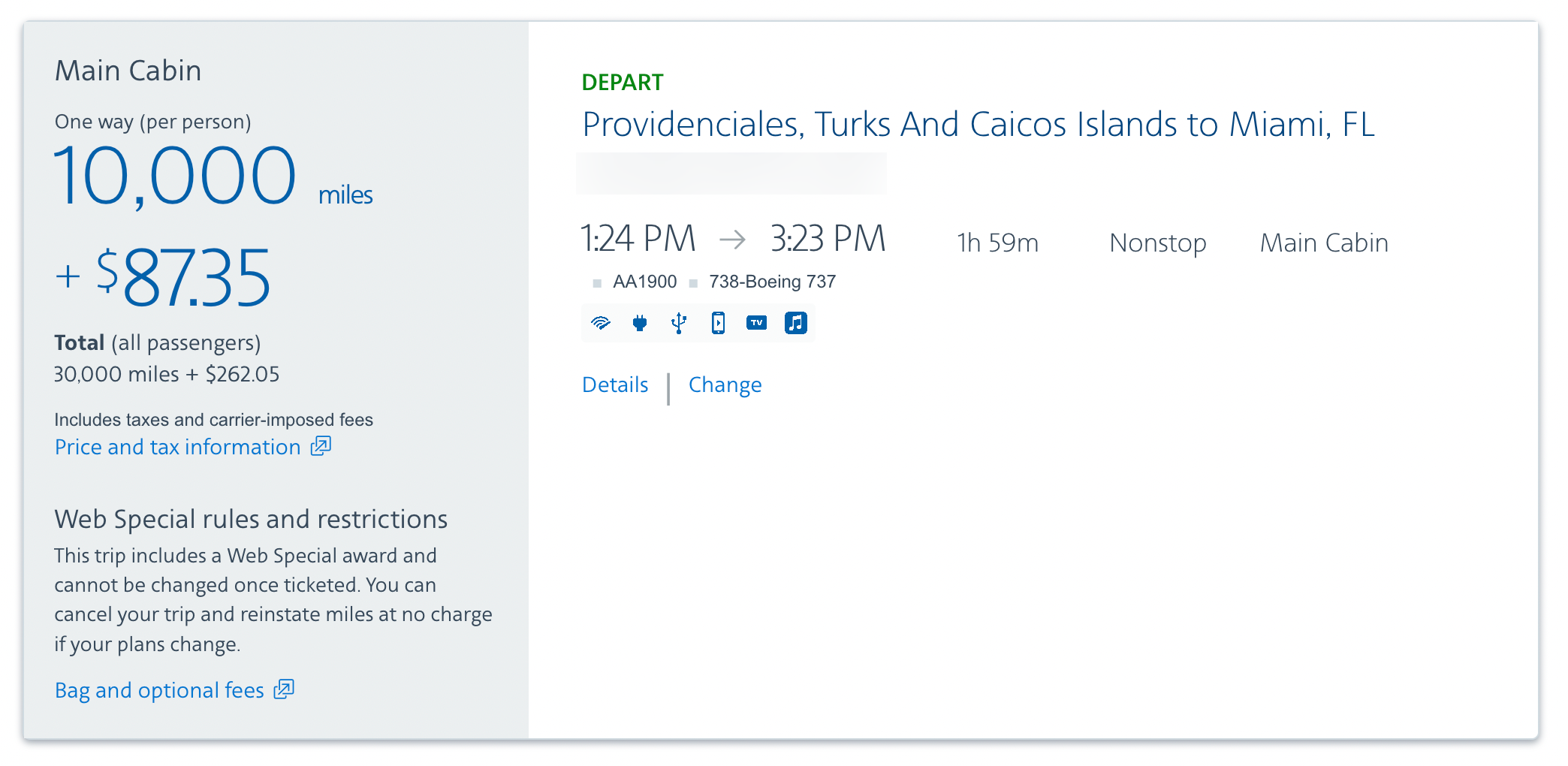 An American Airlines award ticket from Miami to Providenciales, Turks and Caicos