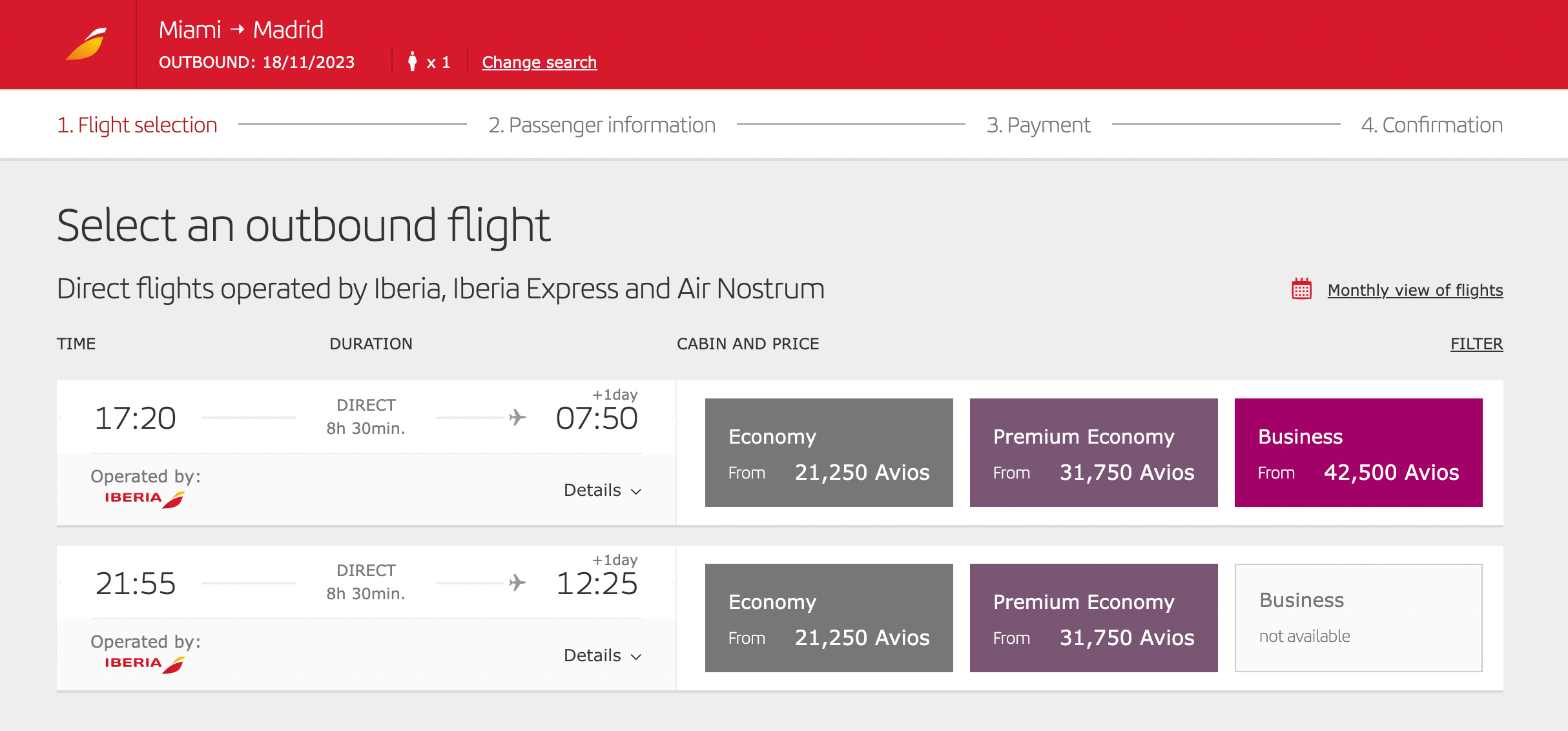 Iberia off-peak award prices from Miami to Madrid in November 2023