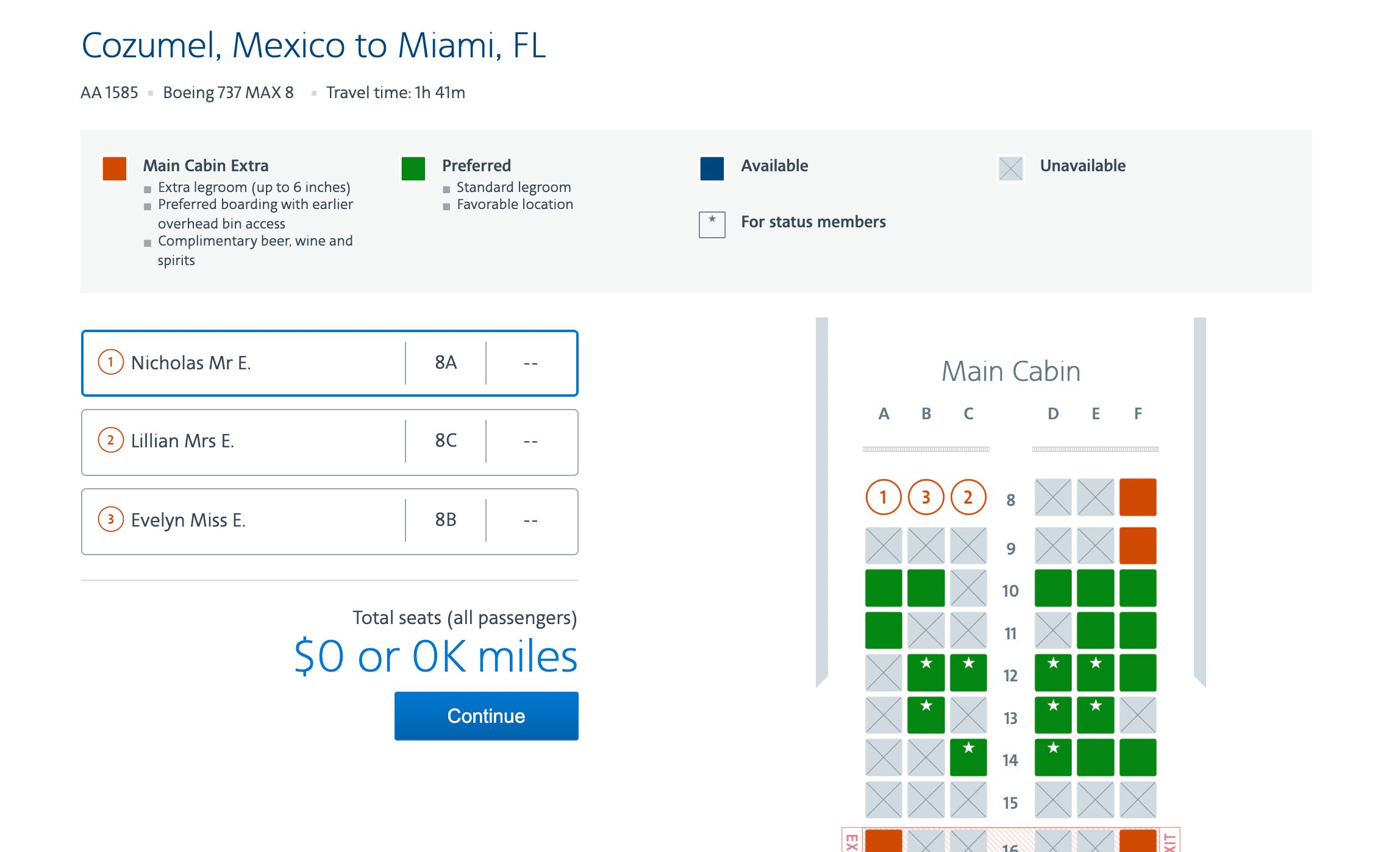 The seat map on AA.com for a flight from Cozumel, Mexico to Miami, Florida