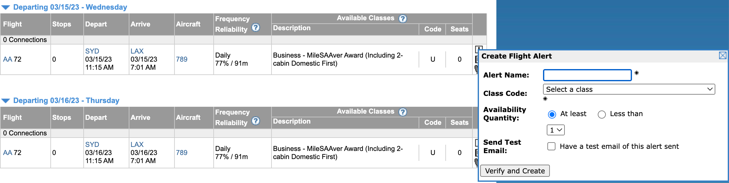 Setting an ExpertFlyer alert on SYD to LAX