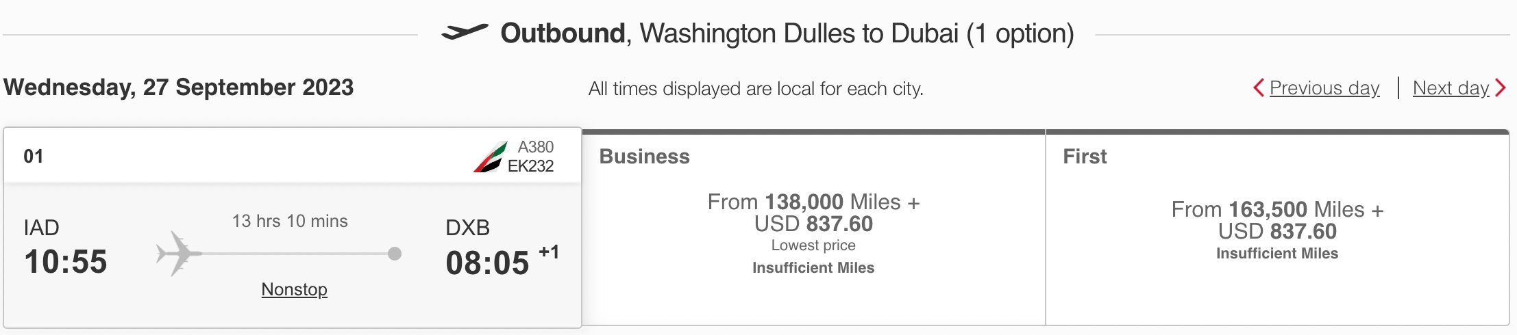 Skywards IAD to DXB J and F