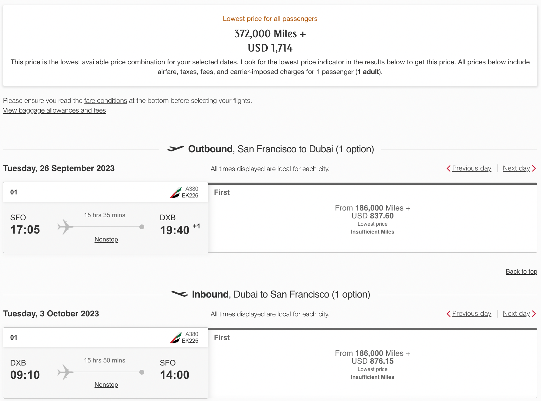 Skywards SFO to DXB round-trip