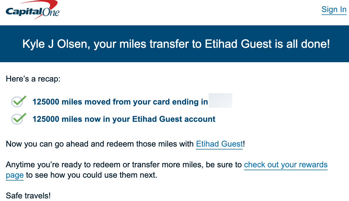 Transferring Capital One miles to Etihad Guest
