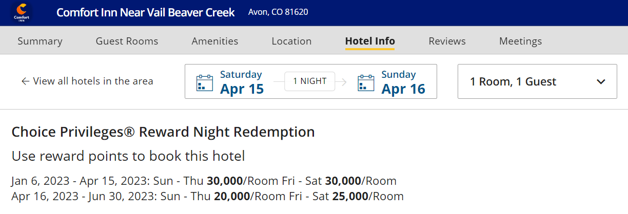 Choice Hotels award rates