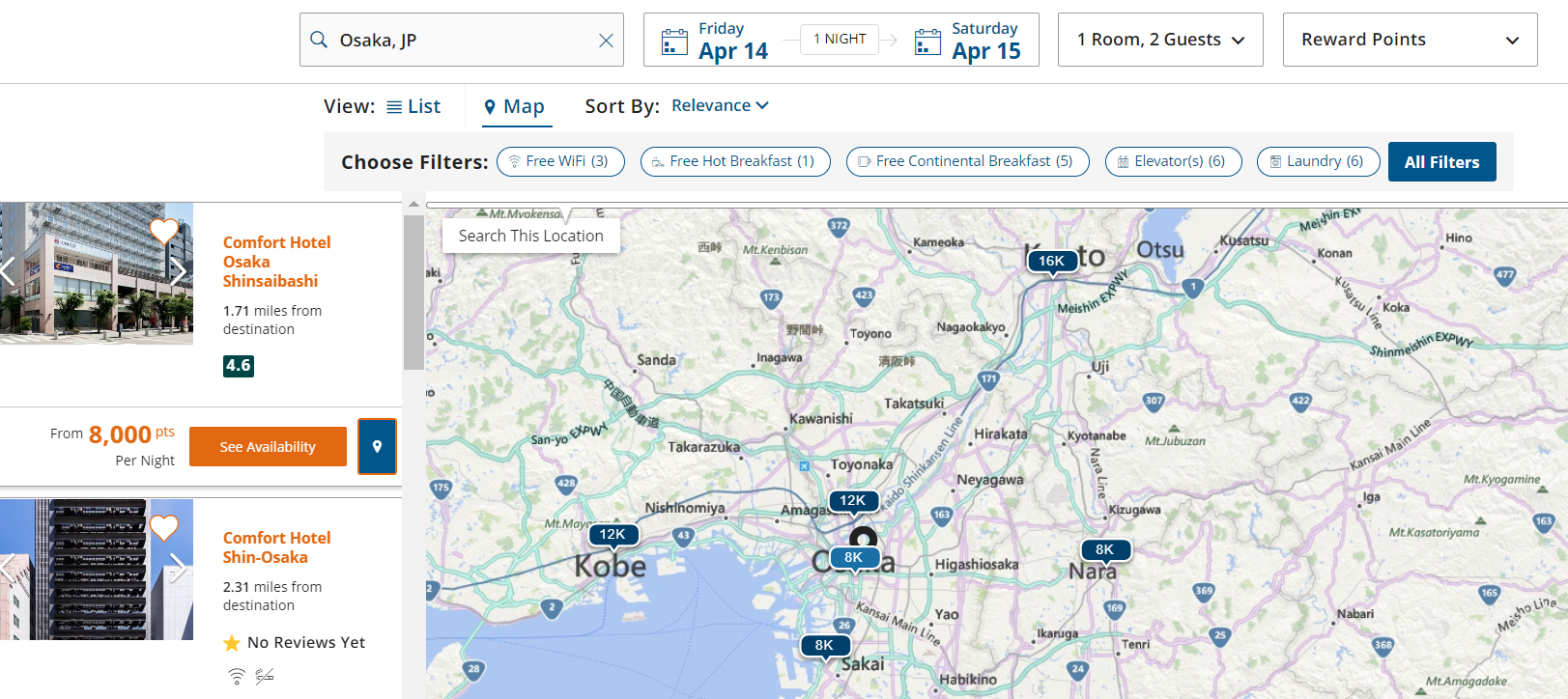 Choice hotels Osaka award map