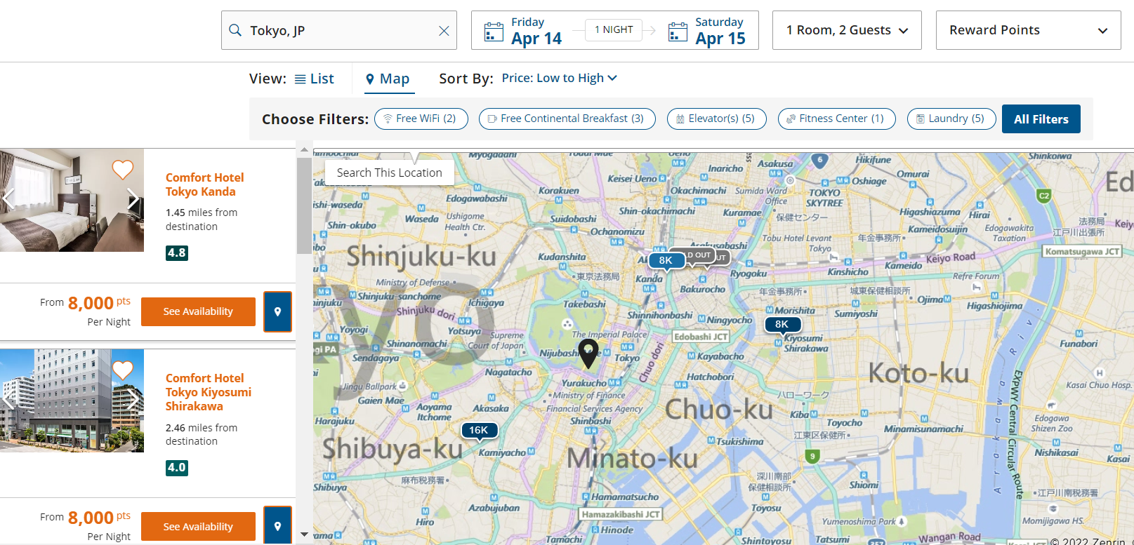 Choice hotels Tokyo award map