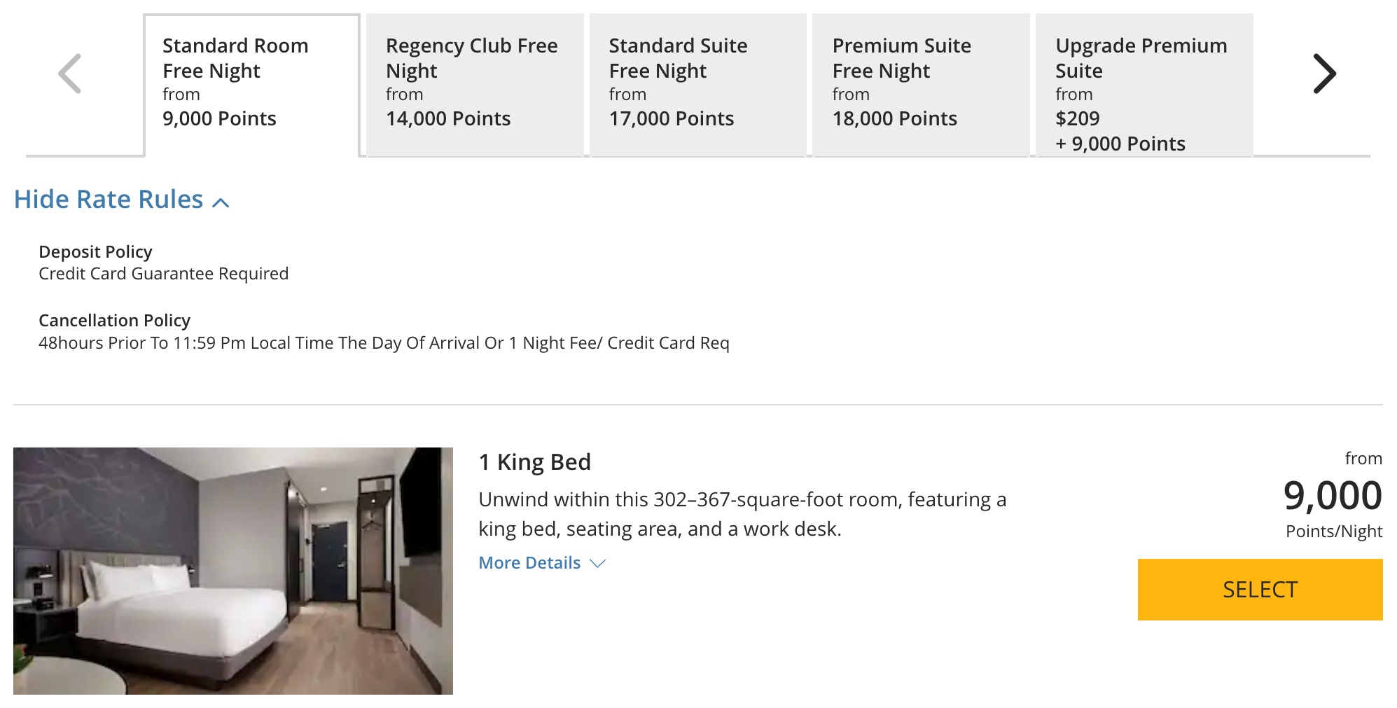 points pricing for a standard room