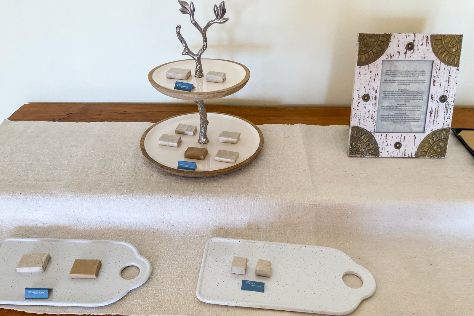 a table hosts samples of soap for guests to smell