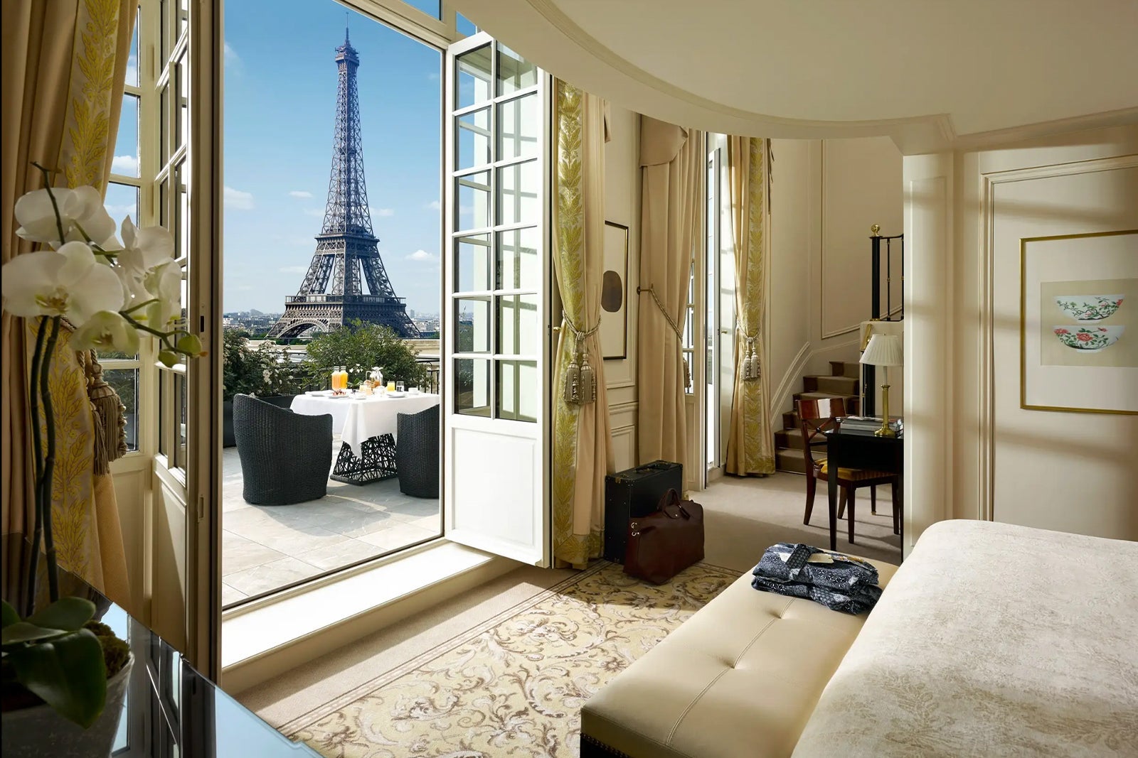 eiffel tower out hotel room window