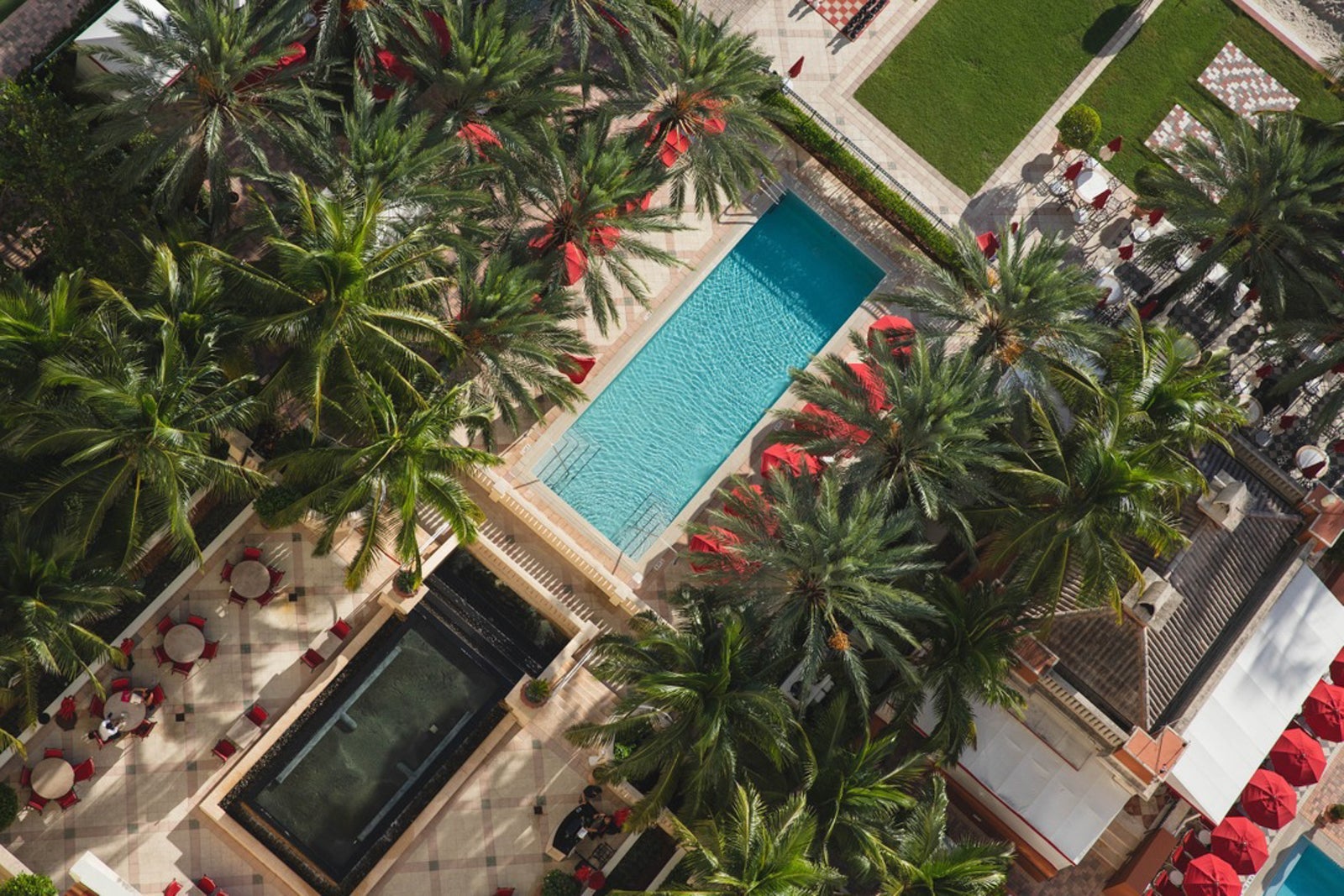 aerial shot of hotel pool