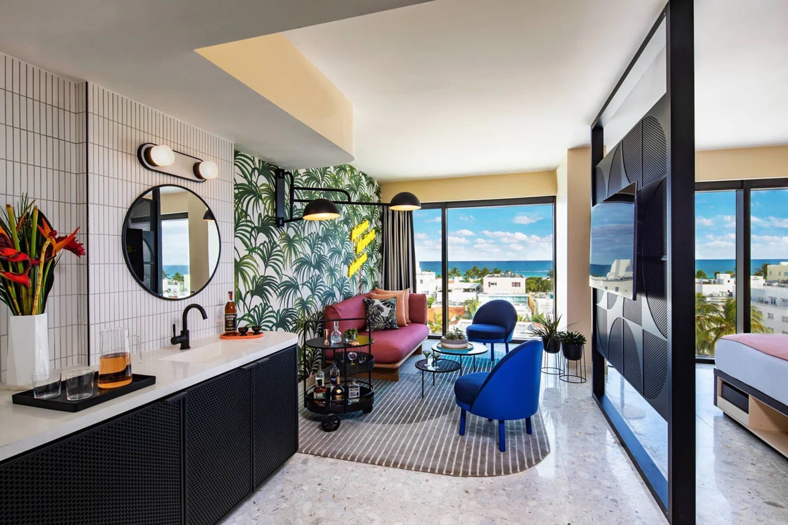 colorful guest room at Moxy