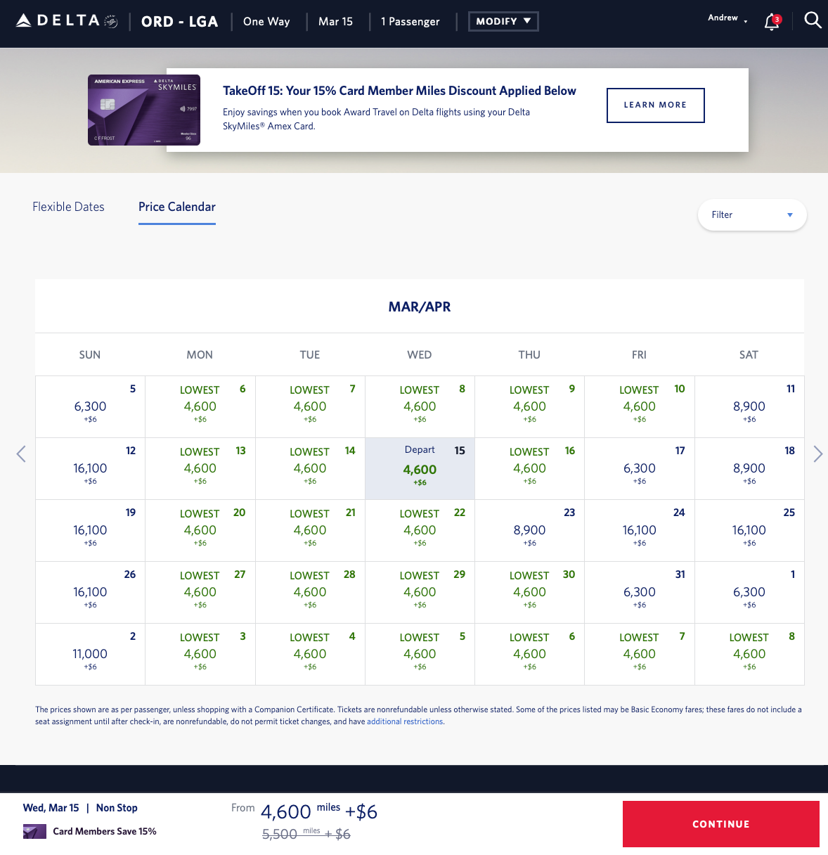 Delta award calendar with TakeOff 15 discounts