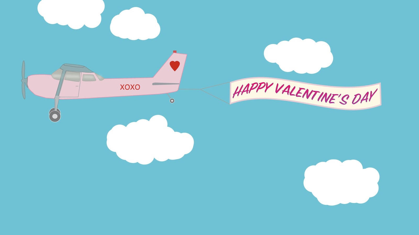 Cartoon illustration of a pink Cesna plane towing a Happy Valentine's Day banner