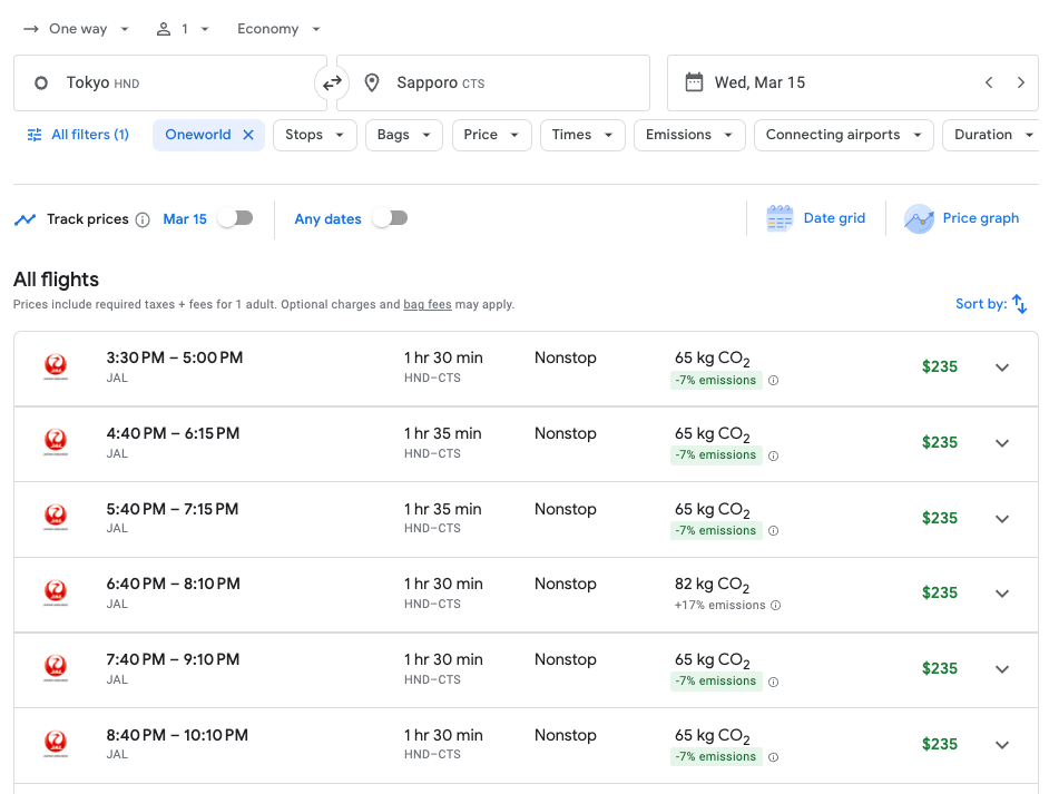 HND to CTS search on Google Flights