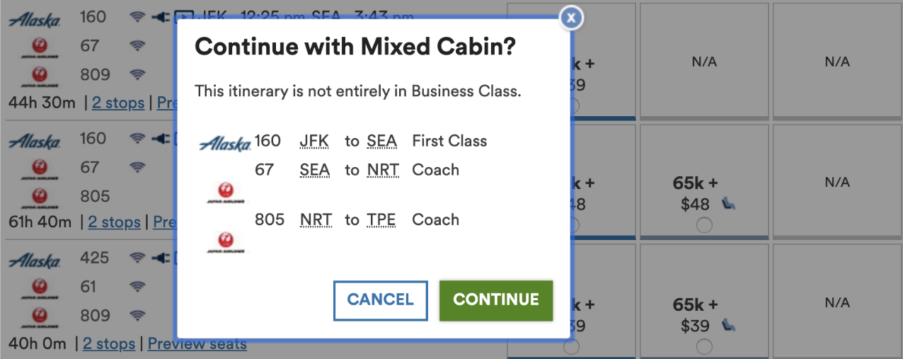 Mixed cabin awards on Alaska Airlines