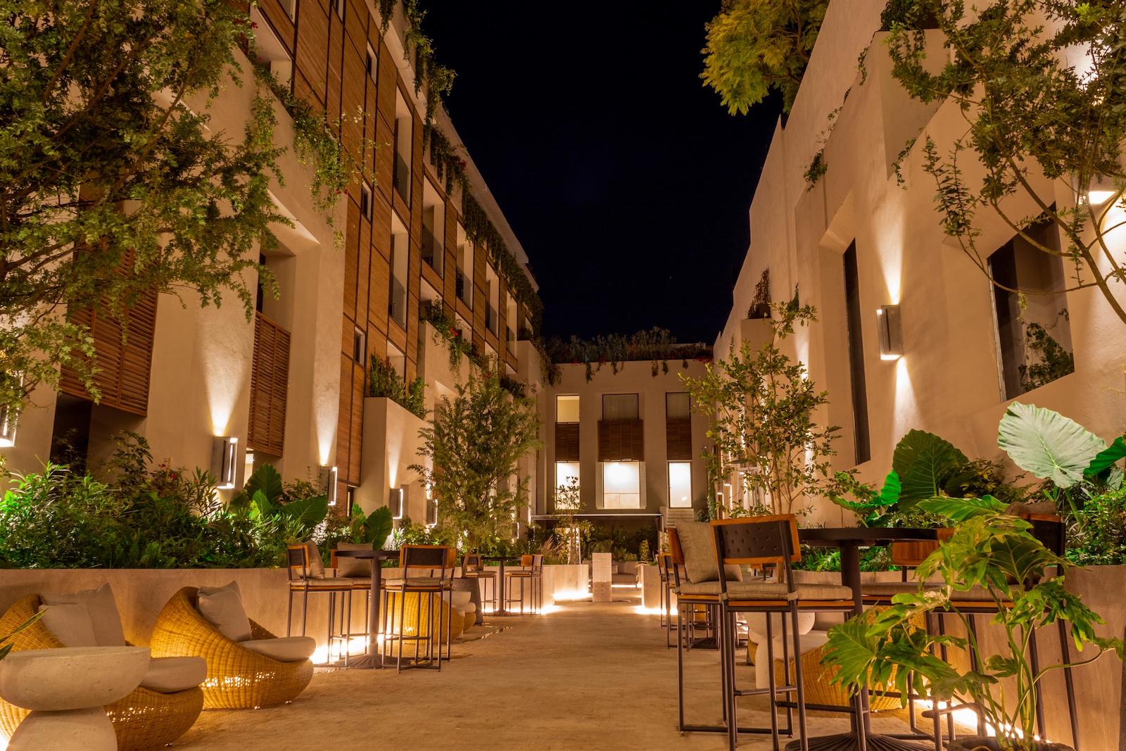 The courtyard at Numu in San Miguel de Allenda at dusck