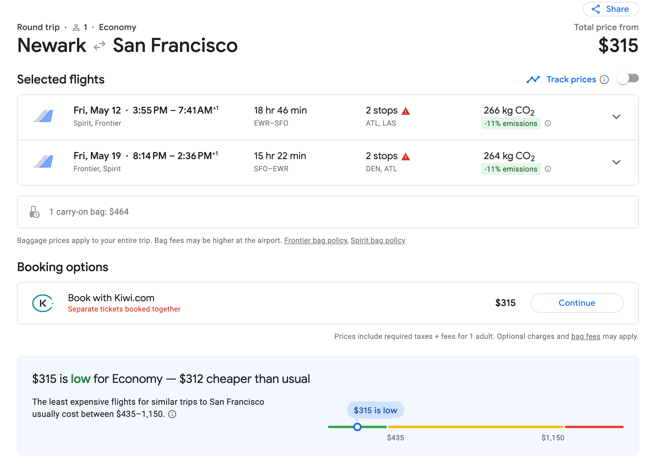 Google flights showing a mixed itinerary on flights.
