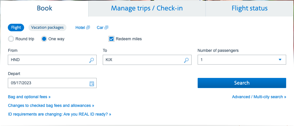 Searching for an award flight on AA.com