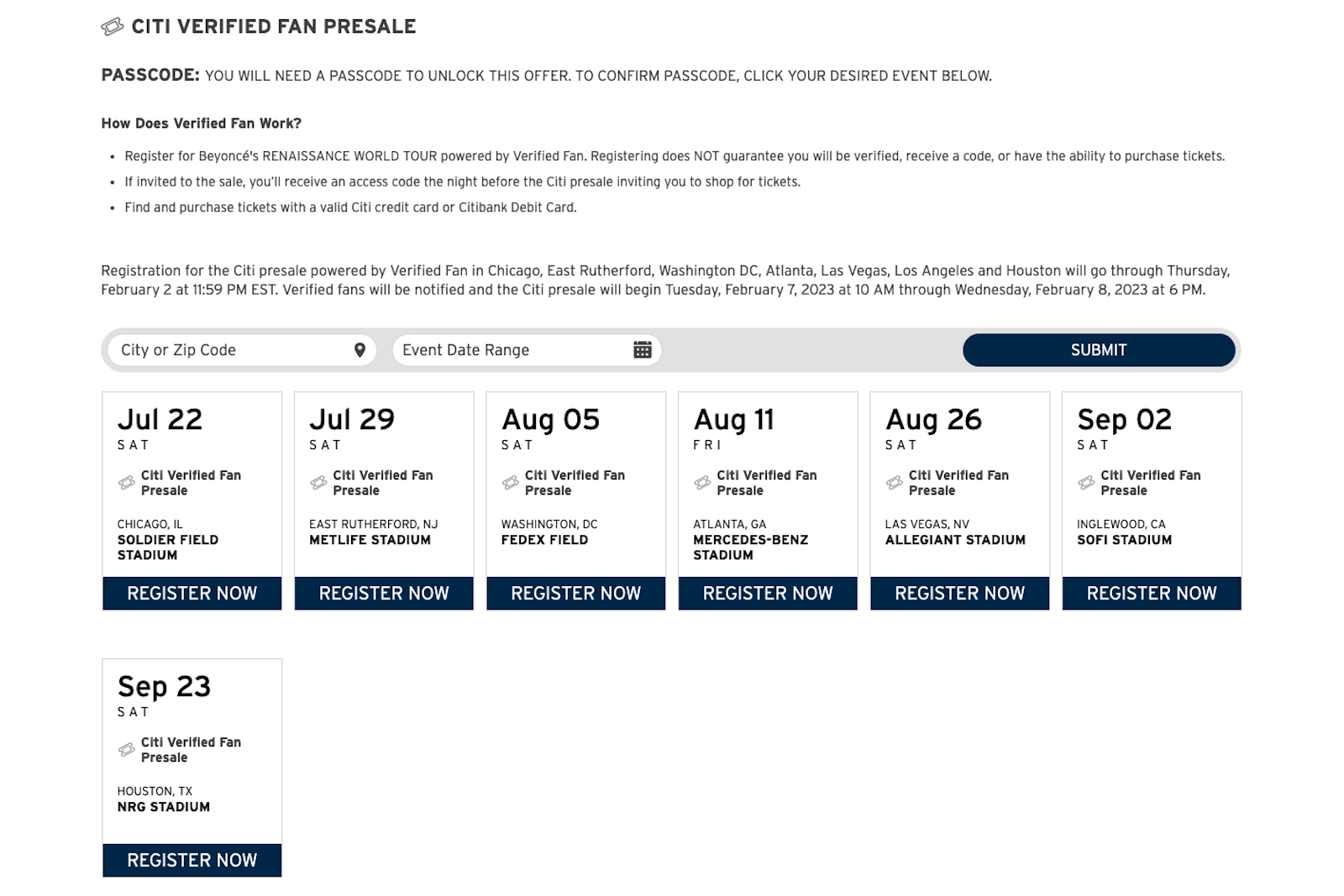 concert dates for Citi cardholders presale access to Beyonce tour