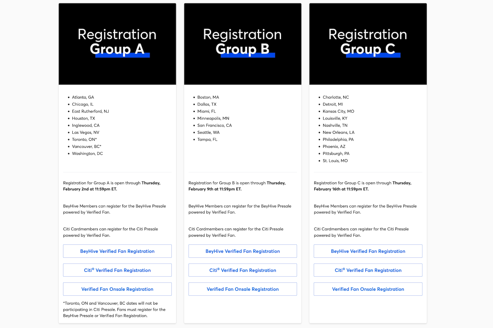 info for presale times and groups on Beyonce information page