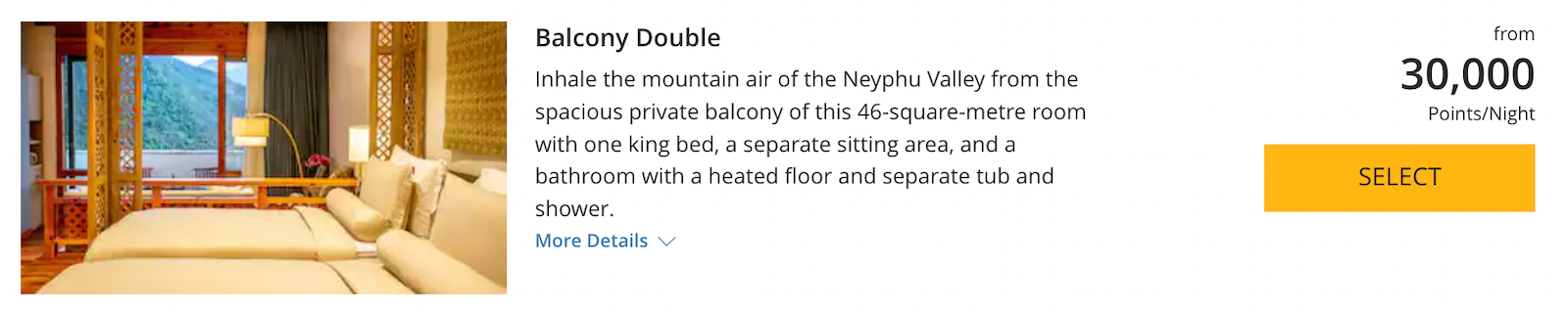 points pricing per night for a standard room at the Bhutan Spirit Sanctuary