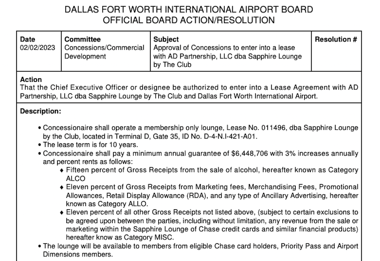 screenshot of airport governing board meeting agenda page with details about proposed lounge size and location