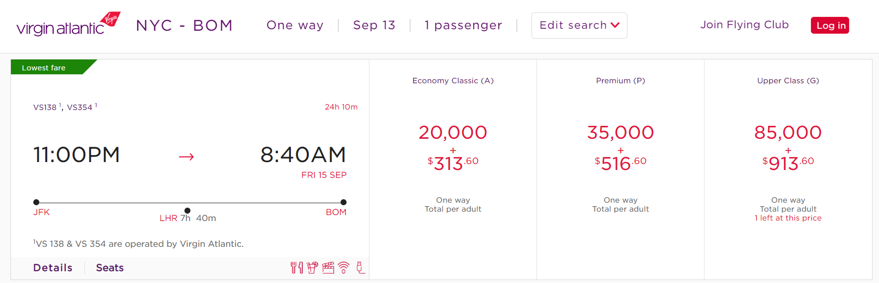 Redeeming Virgin Atlantic points