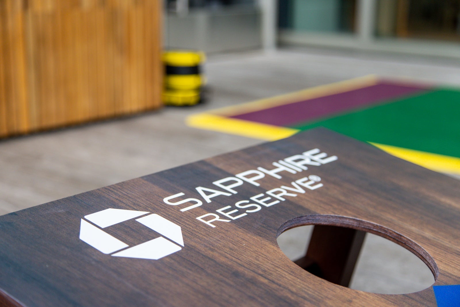close-up of Chase Sapphire branding on game equipment