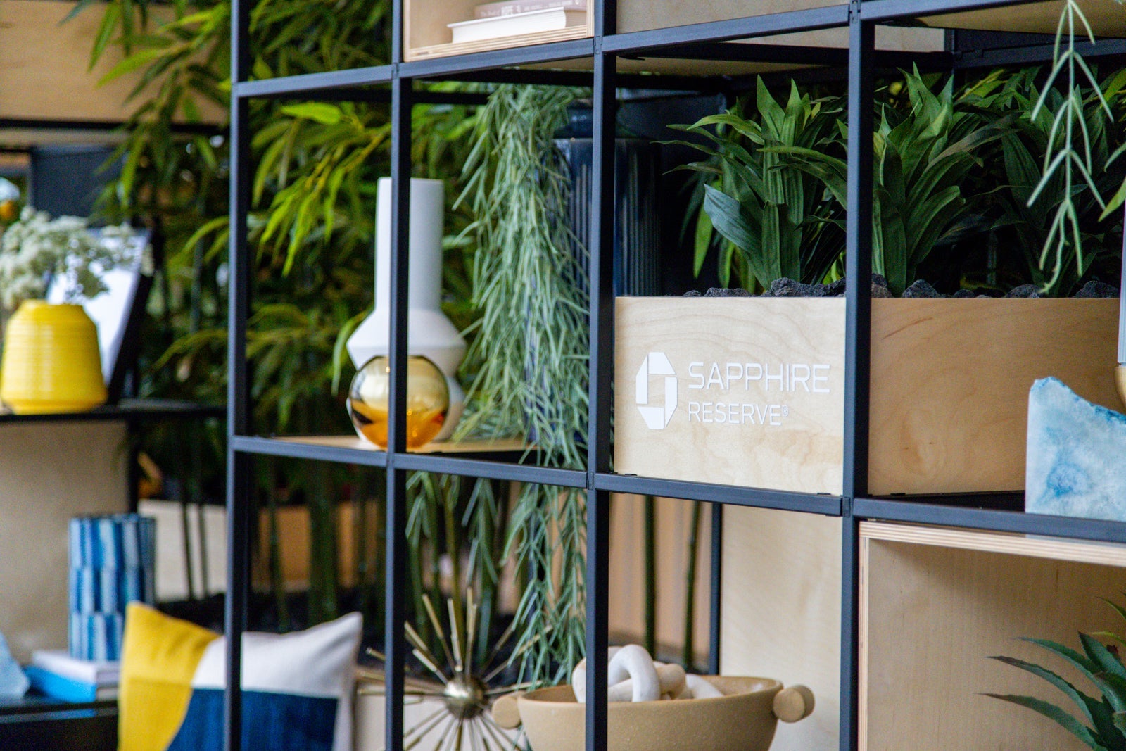 close-up of decorations and furniture in the new Chase Sapphire Terrace in Austin