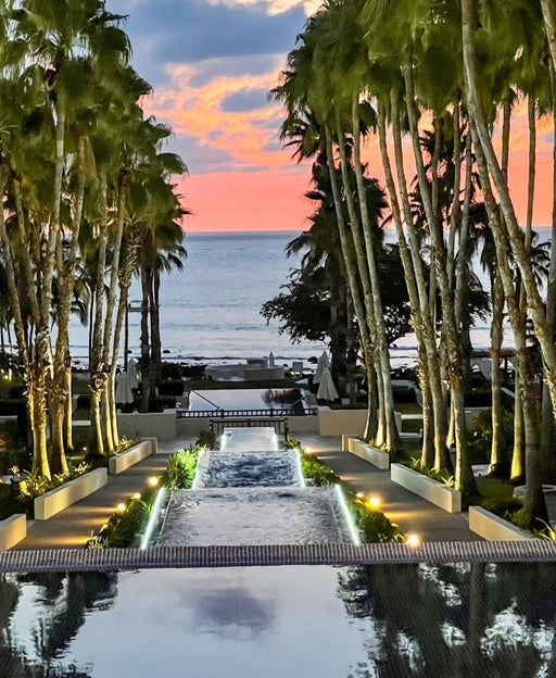 reflecting pool and palm trees overlooking ocean at sunset at St. Regis Punta Mita
