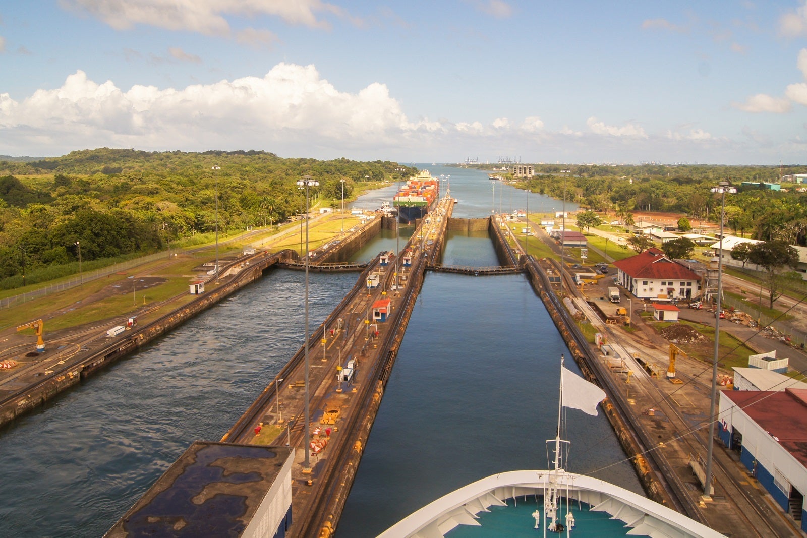 The bow of a cruise ship as it passes through a lock on the Panama Canal
