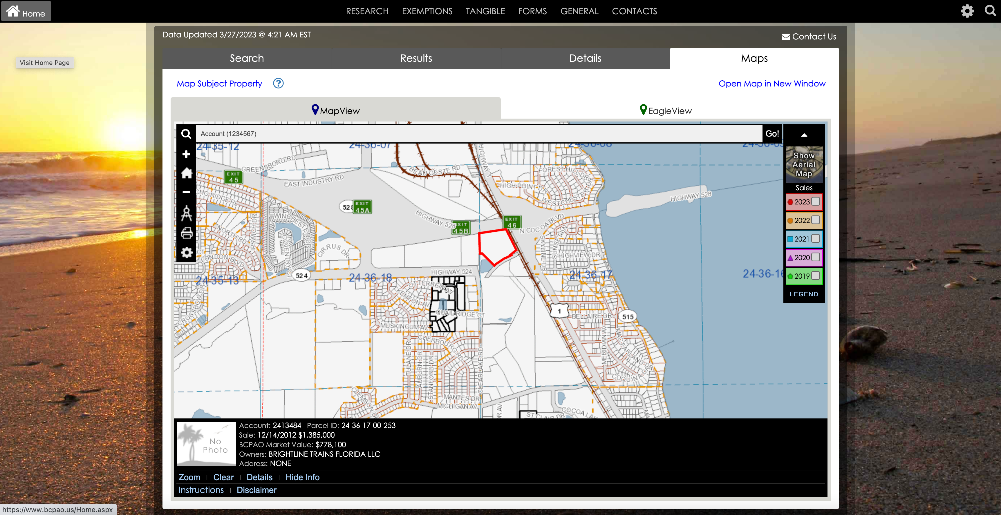 A map from the Brevard County Property Appraiser showing a plot owned by Brightline Trains Florida LLC