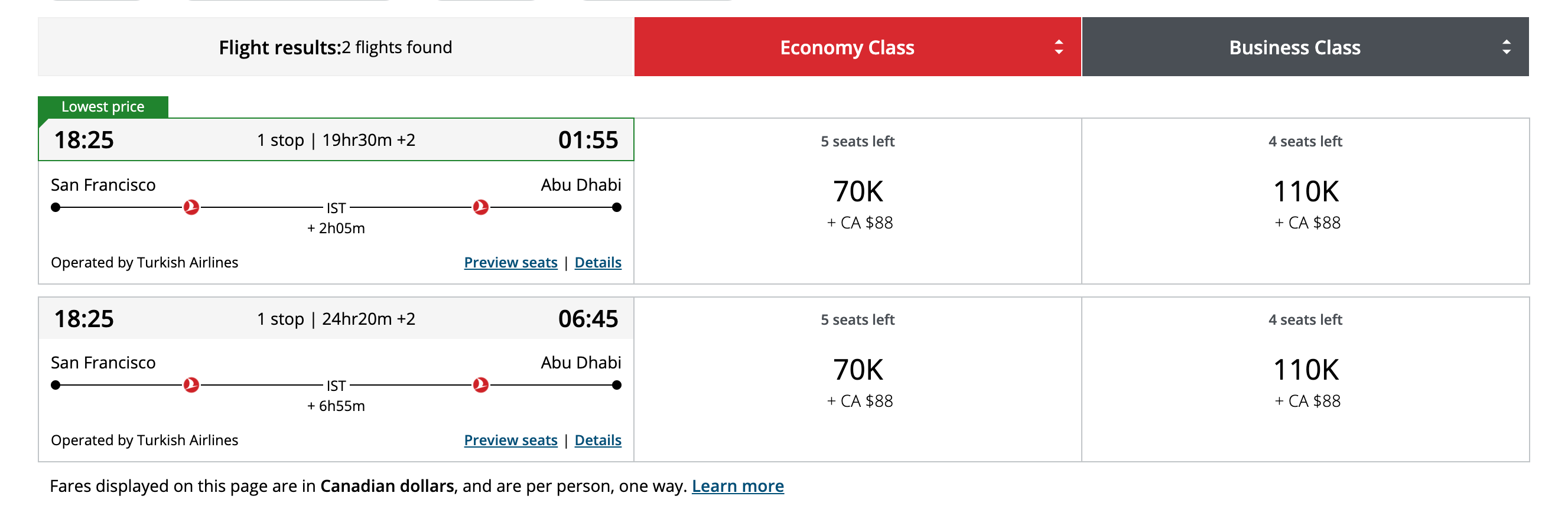 Air Canada Aeroplan awards