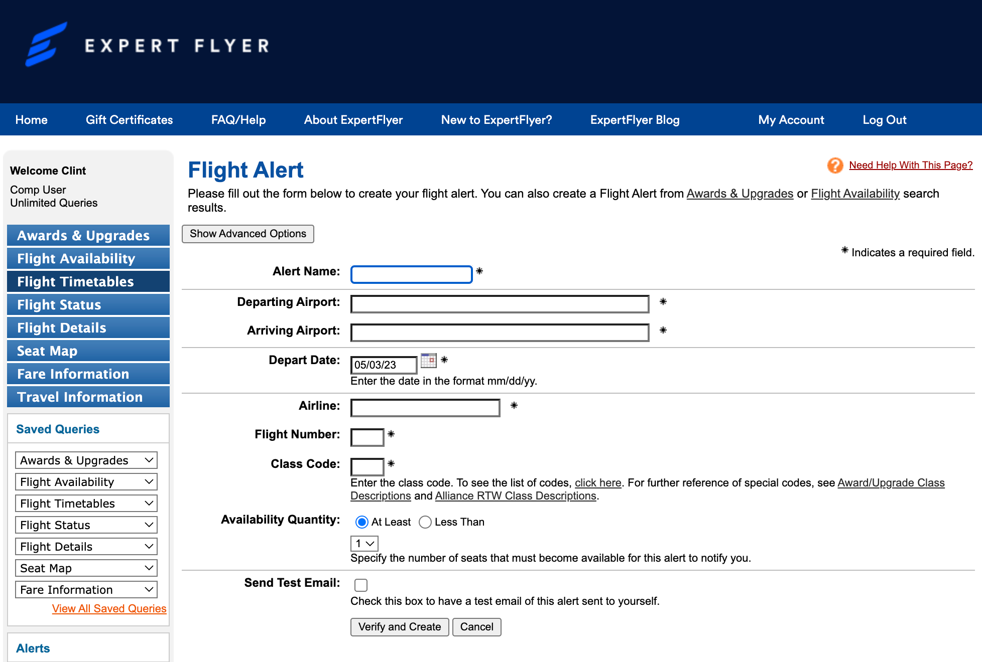 Expert Flyer Flight Alert home page.